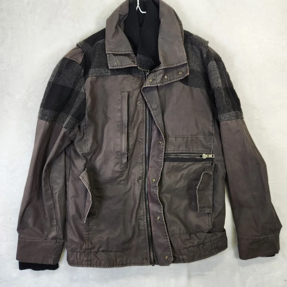 Desigual Mens Mixed Media Patchwork‎ Plaid Field Jacket Brown Charcoal Medium